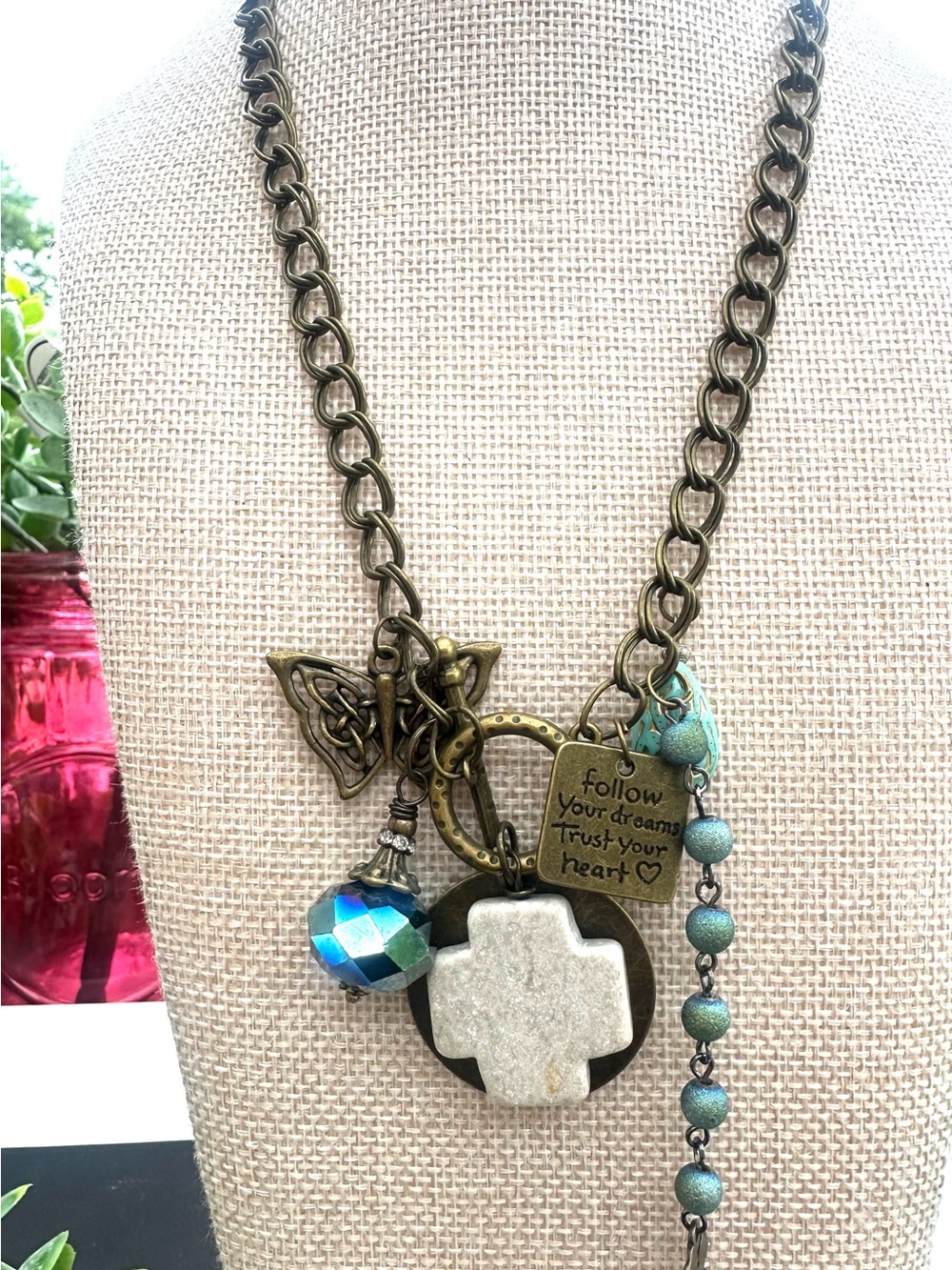 Inspirational Cross Pendant Necklace with Turquoise Accents